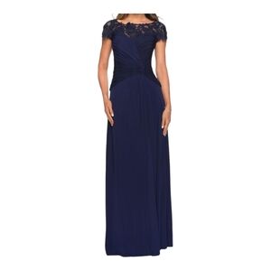La Femme Jersy dress with ruching & flower neckline